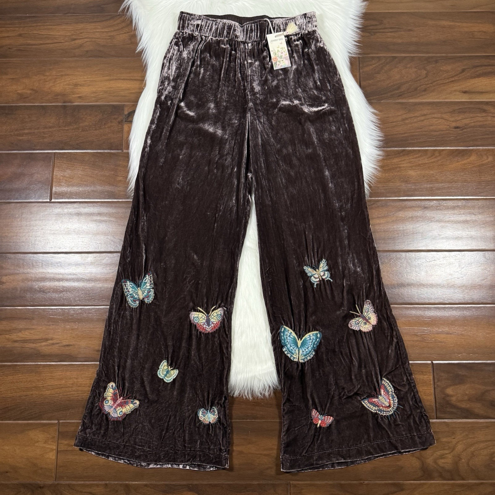 Johnny Was Size Small Brown Butterfly Velvet Luciana Seamed Wide Leg Pants
